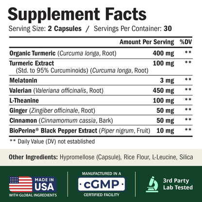 Vimerson Health Melatonin and Turmeric supplement dietary facts and ingredient label close up