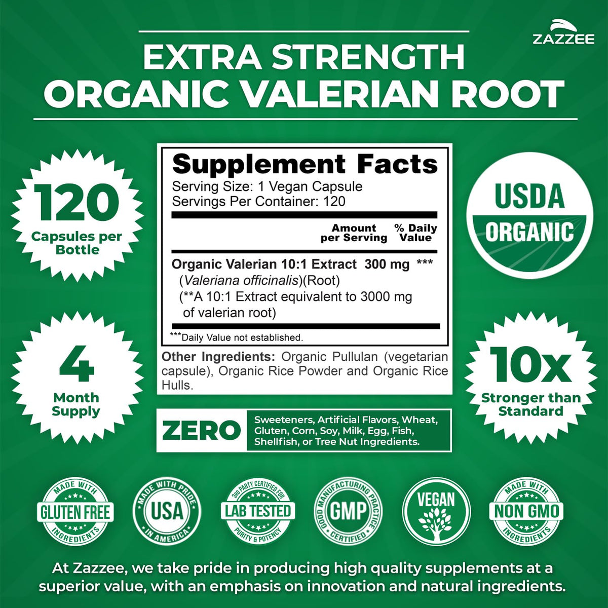 Premium organic valerian root sleep extract capsules showing USDA certification logo.