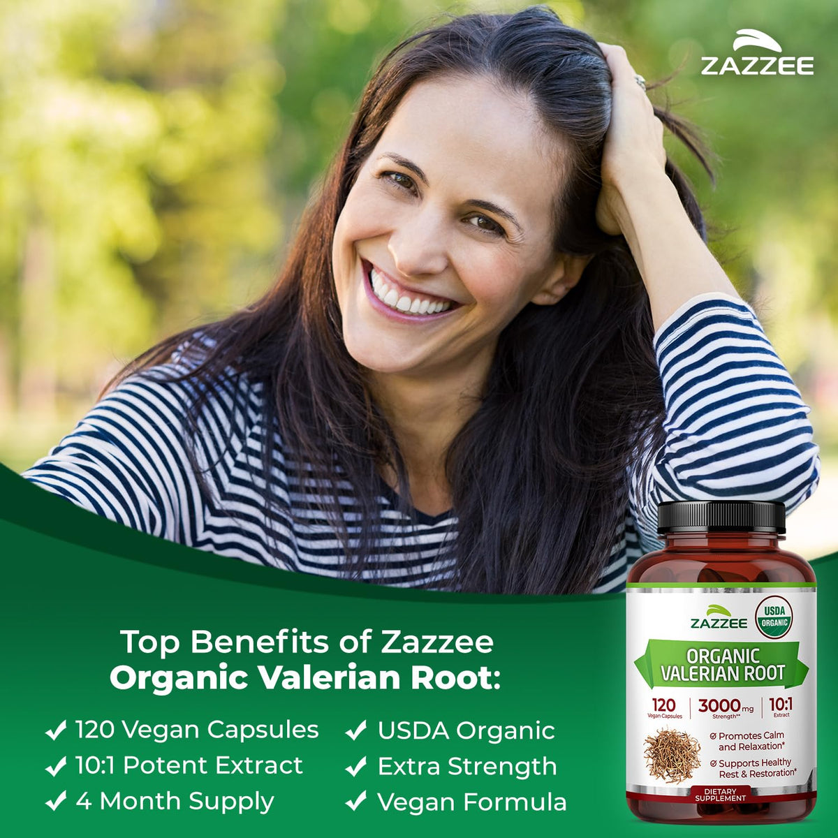 Zazzee 10 to 1 ratio valerian root dietary supplement bottle layout.