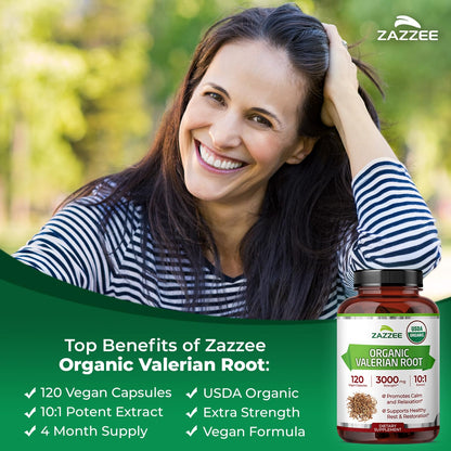 Zazzee 10 to 1 ratio valerian root dietary supplement bottle layout.