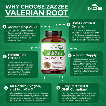 Authentic USA imported Zazzee valerian root supplement bottle side panel details.