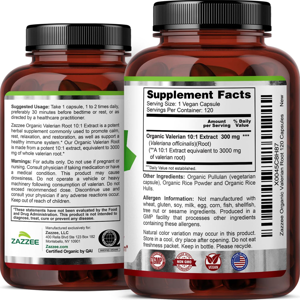 Valeriana Officinalis herbal supplement capsules by Zazzee Naturals for calm and mood.