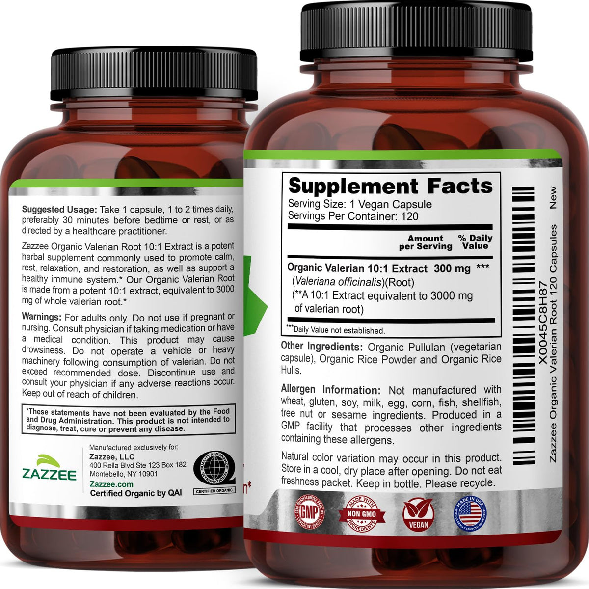 Valeriana Officinalis herbal supplement capsules by Zazzee Naturals for calm and mood.