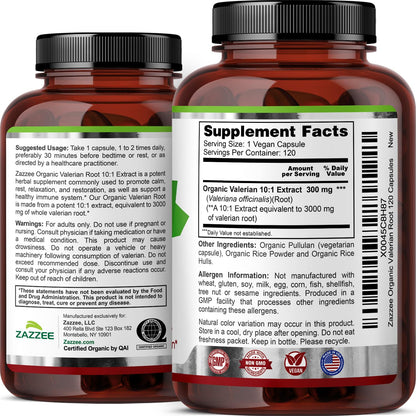 Valeriana Officinalis herbal supplement capsules by Zazzee Naturals for calm and mood.
