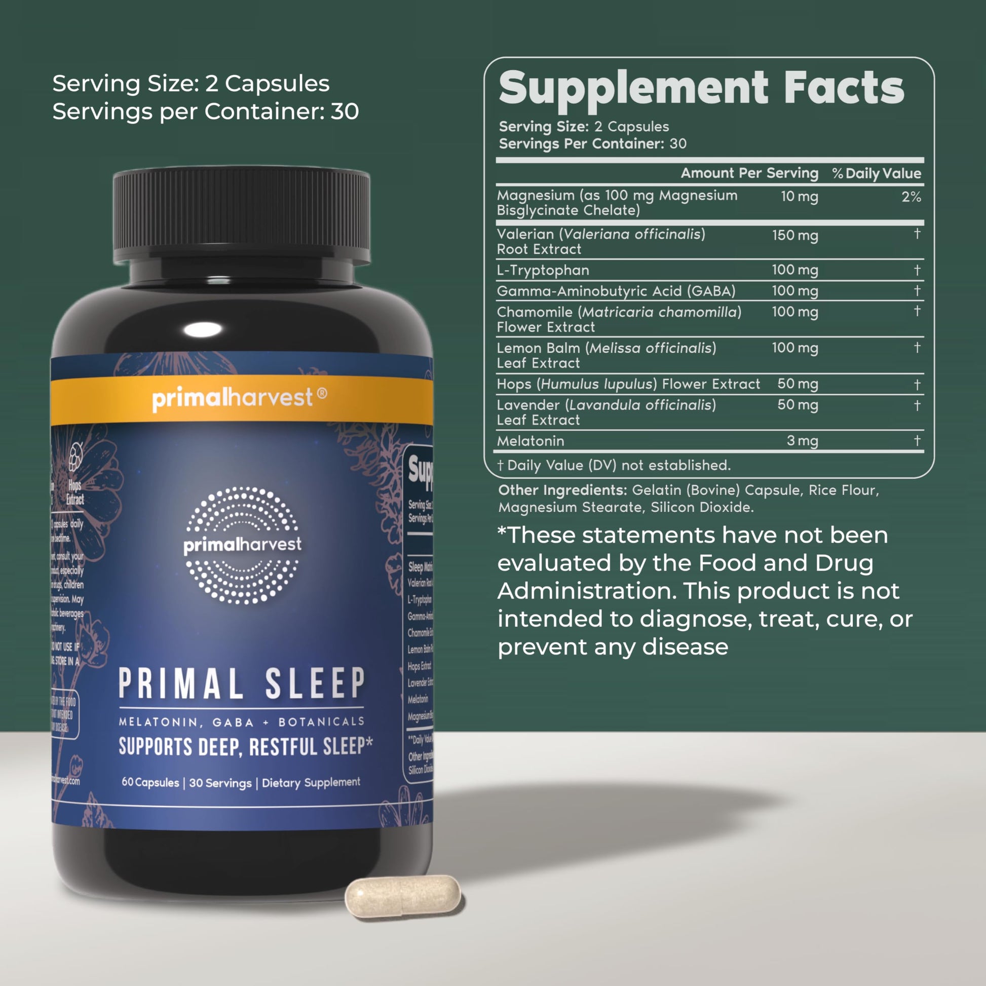 Primal Harvest sleep supplement with melatonin nutritional facts and ingredient label
