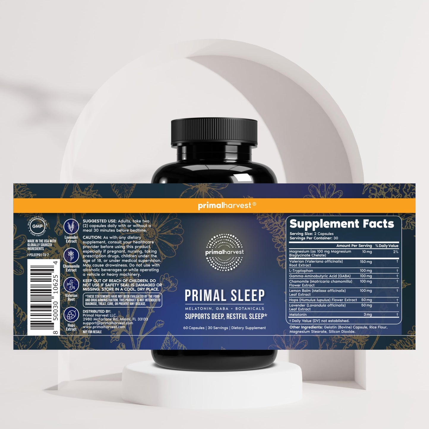 Natural herbal sleeping pills by Primal Harvest featuring valerian root and chamomile