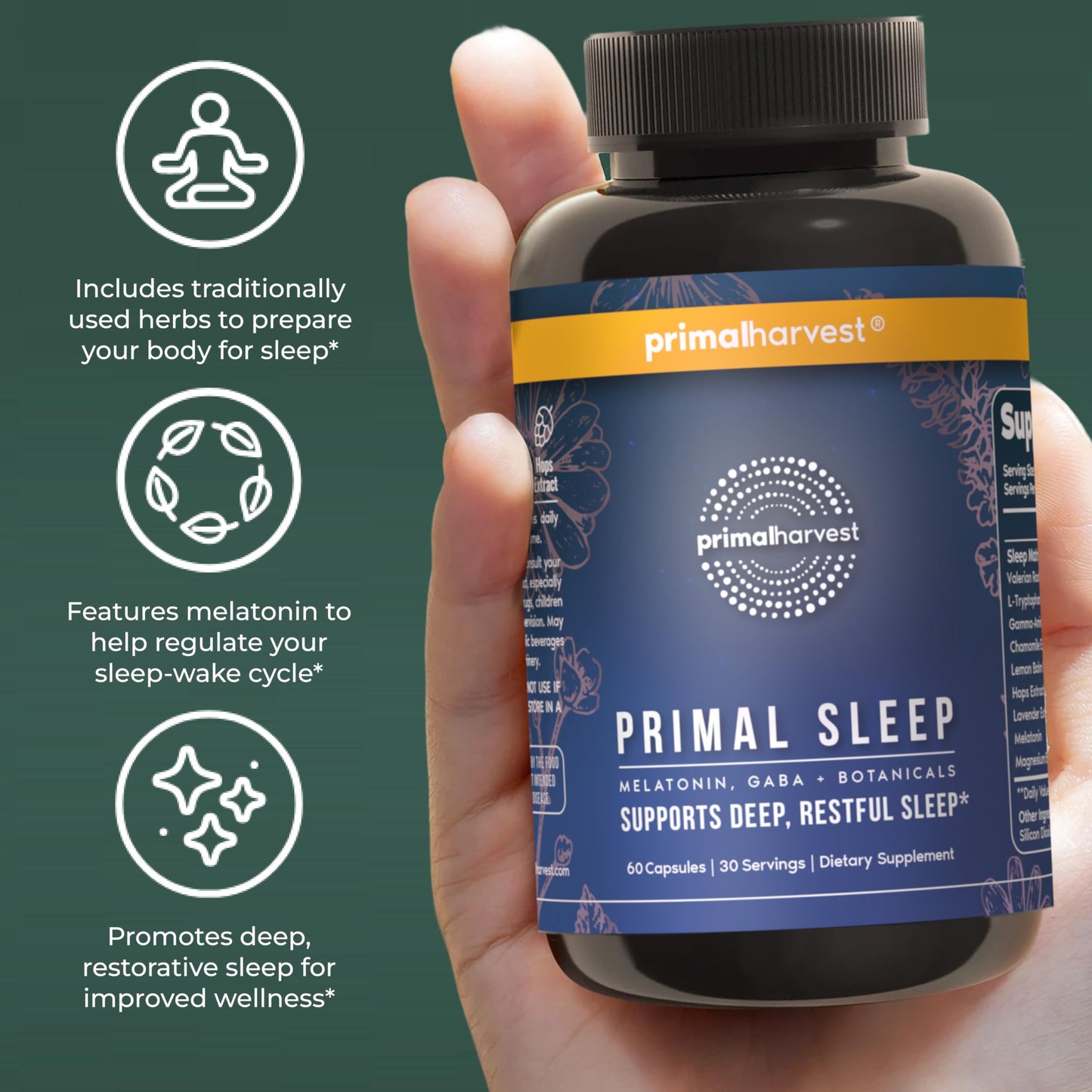 Side view of Primal Sleep support capsules bottle indicating 30 day supply directions
