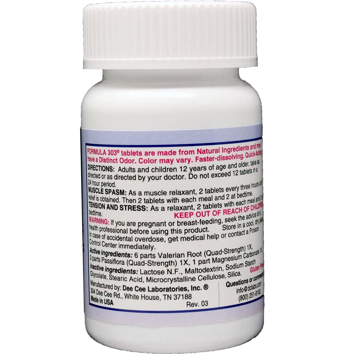 Back label of Formula 303 showing valerian root and magnesium supplement facts