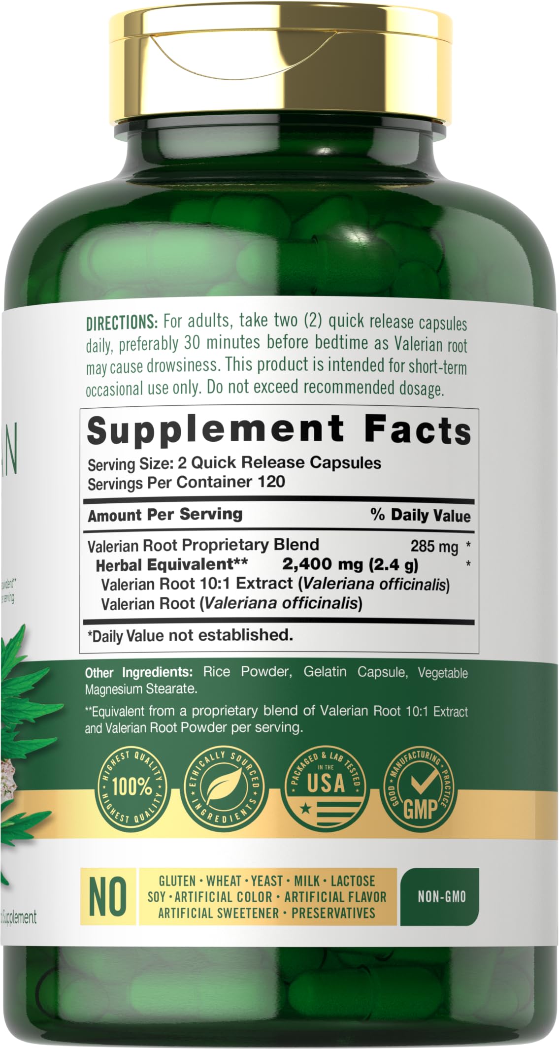 Carlyle Valerian Root supplement label details showing high potency extract ingredients