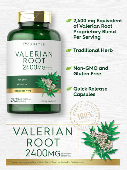 Quick release capsules of Carlyle Valerian Root herbal extract placed next to the container