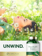 Authentic Carlyle Valerian Root dietary supplement bottle showing expiration and manufacturing safety seal