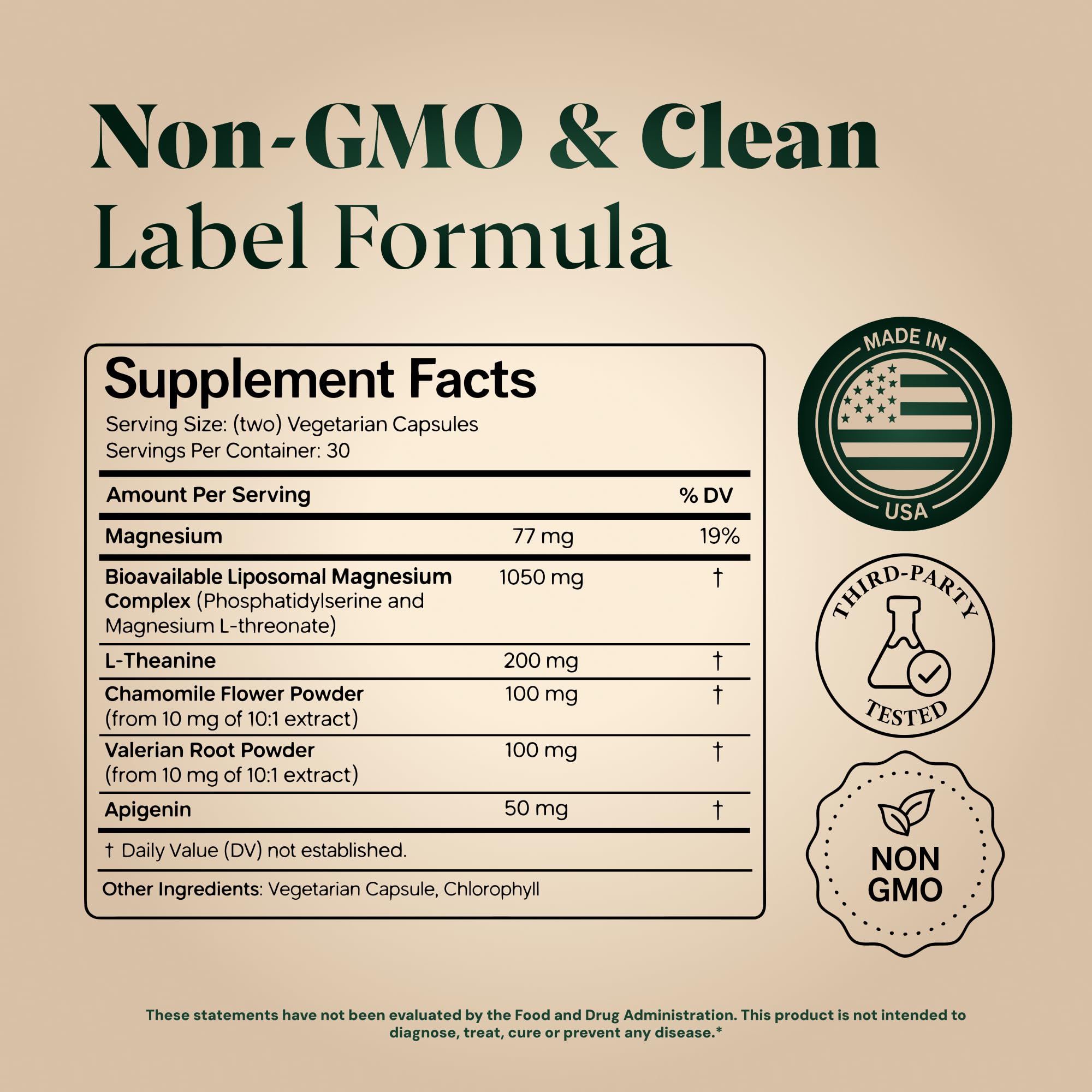 A clear shot of the Plus Ultra Magnesium L Threonate bottle highlighting its non GMO and vegetarian formula indicators.