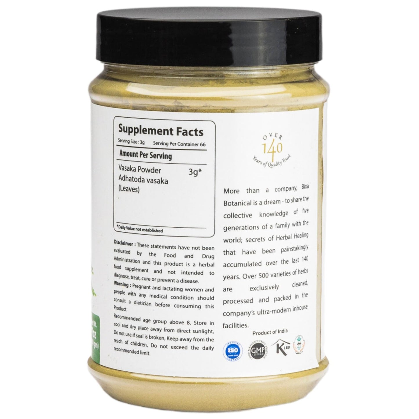 Label details of Bixa Botanical herbal Vasaka supplement jar