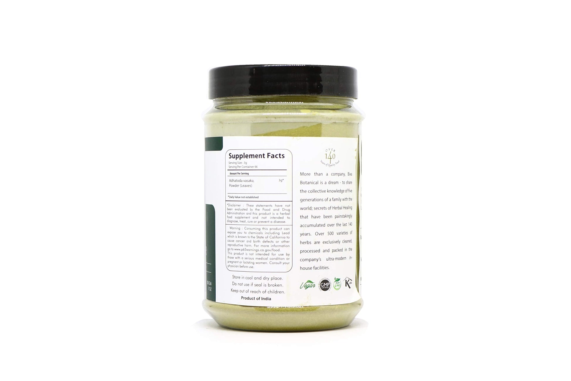 Back of Bixa Botanical Vasaka supplement jar showing usage instructions