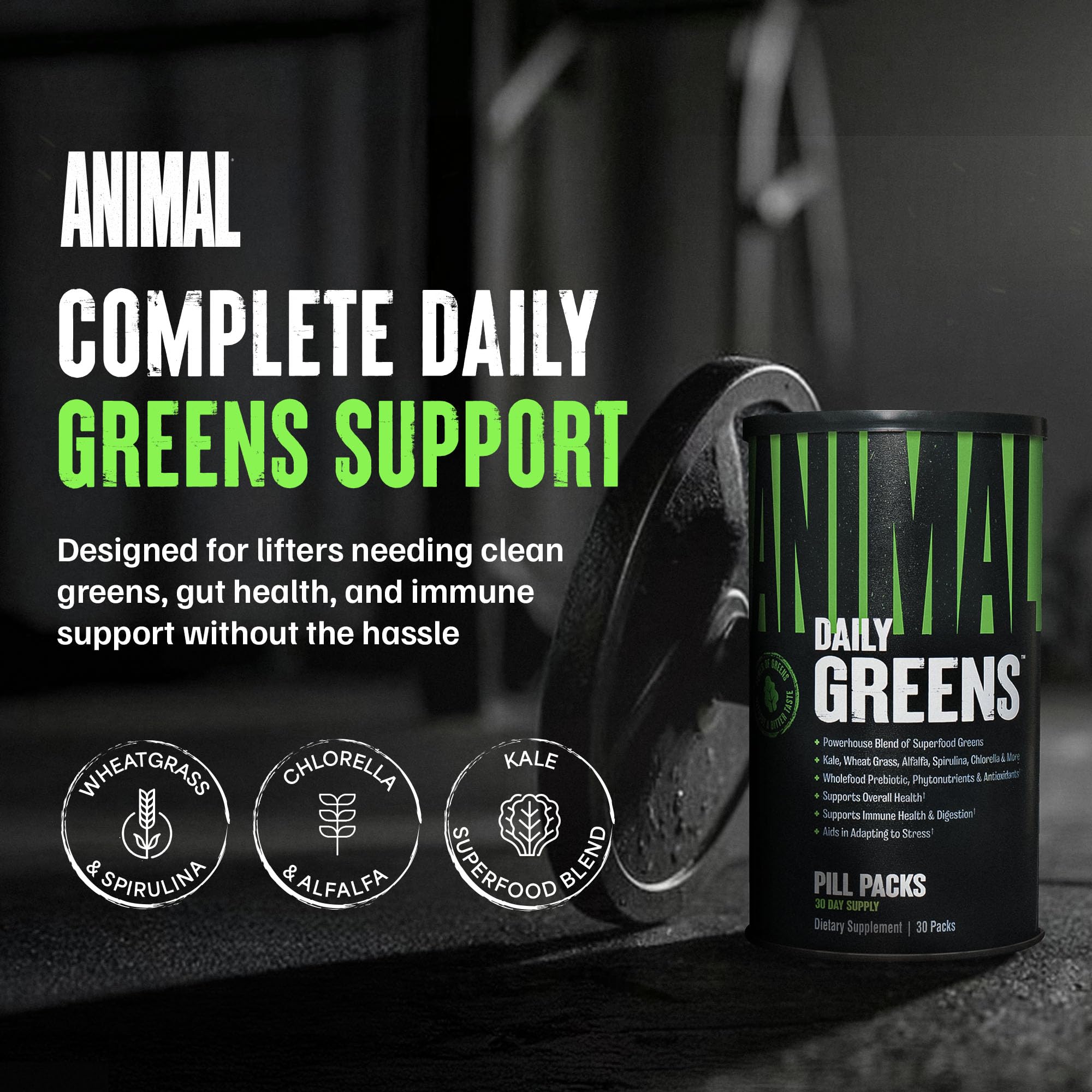 Individual daily packets of Animal Greens supplement