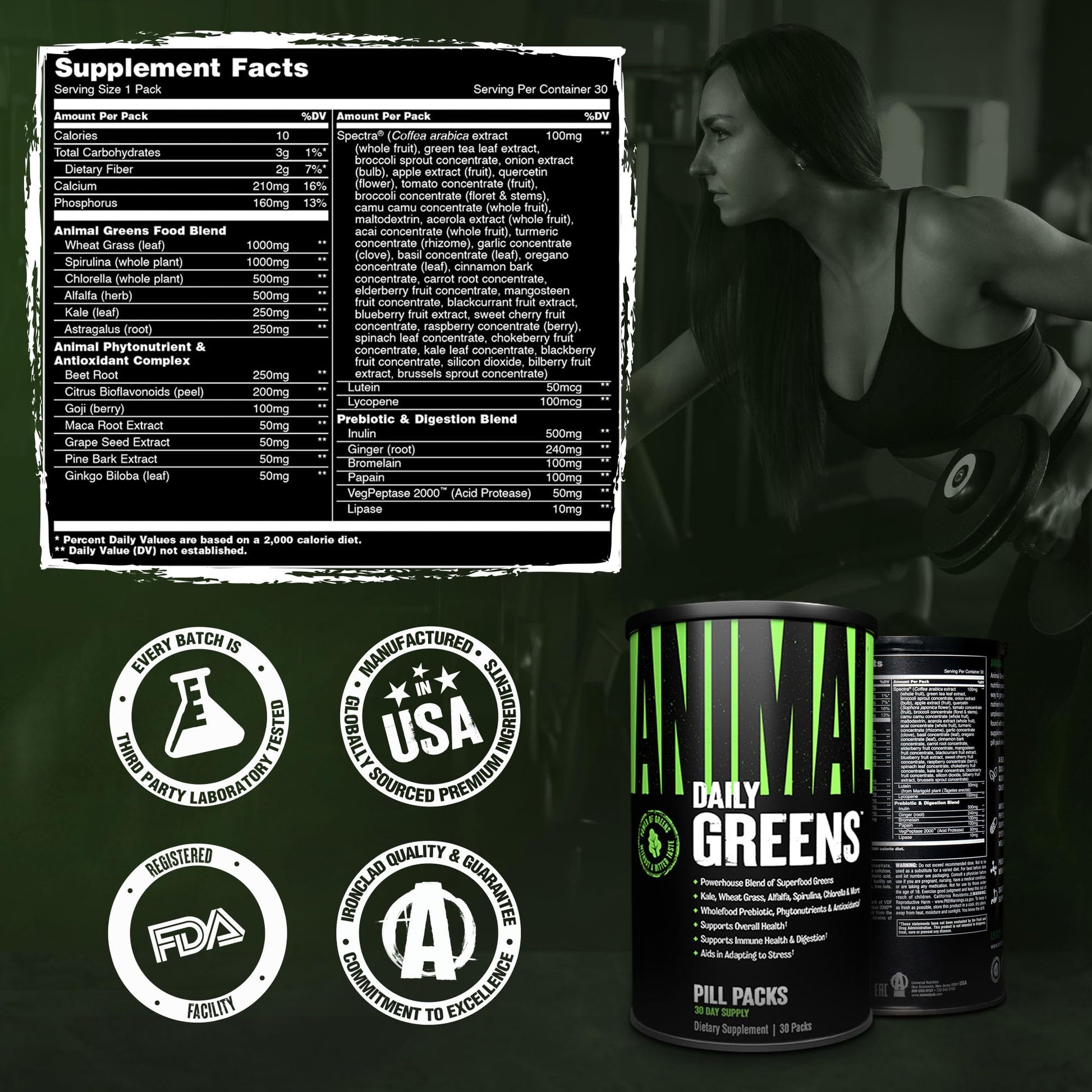 Close up of Animal Daily Greens branding and logo