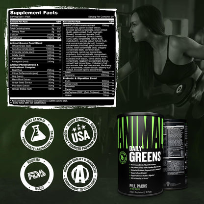 Close up of Animal Daily Greens branding and logo