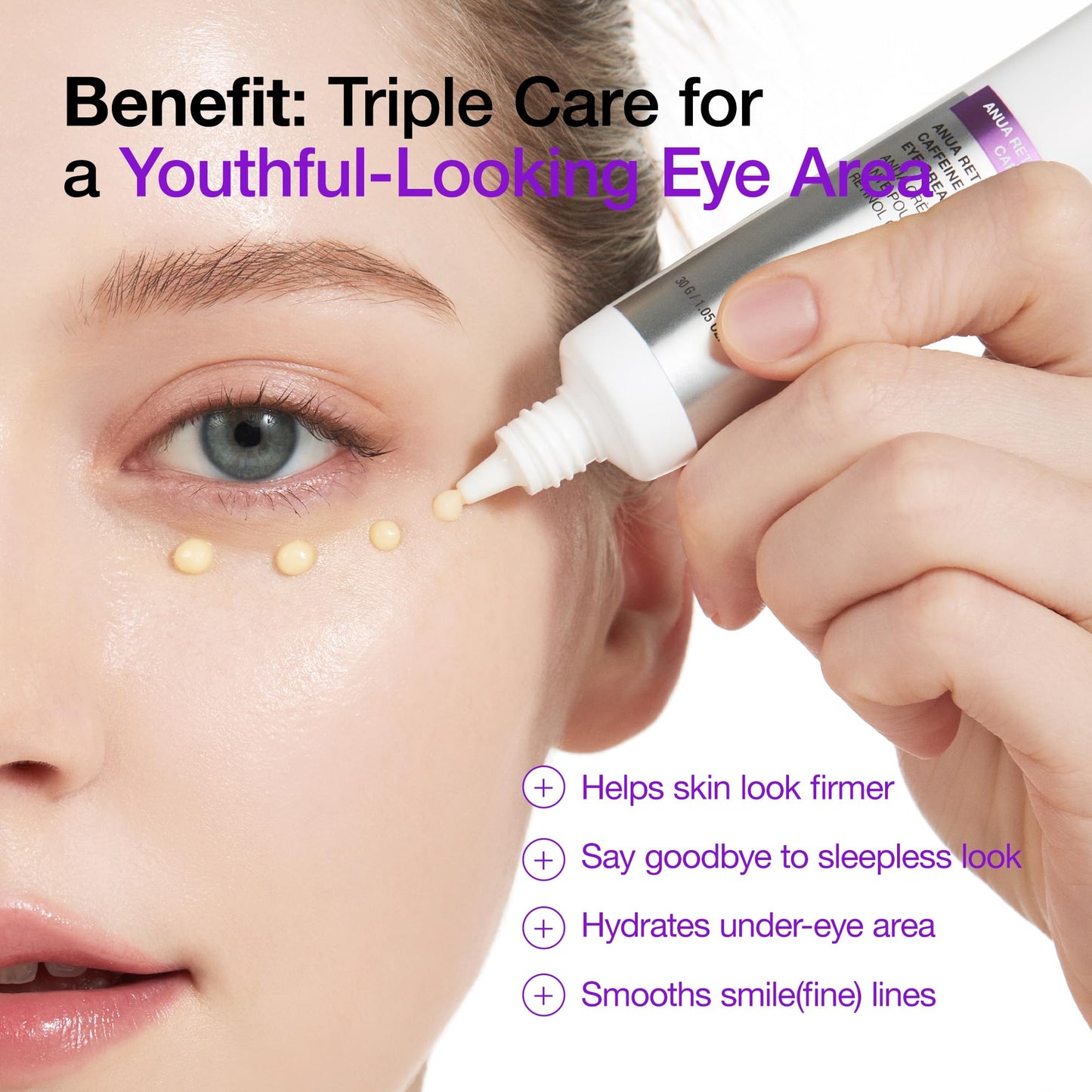 Authentic ANUA eye cream tube showing the official label details and product size specifications.