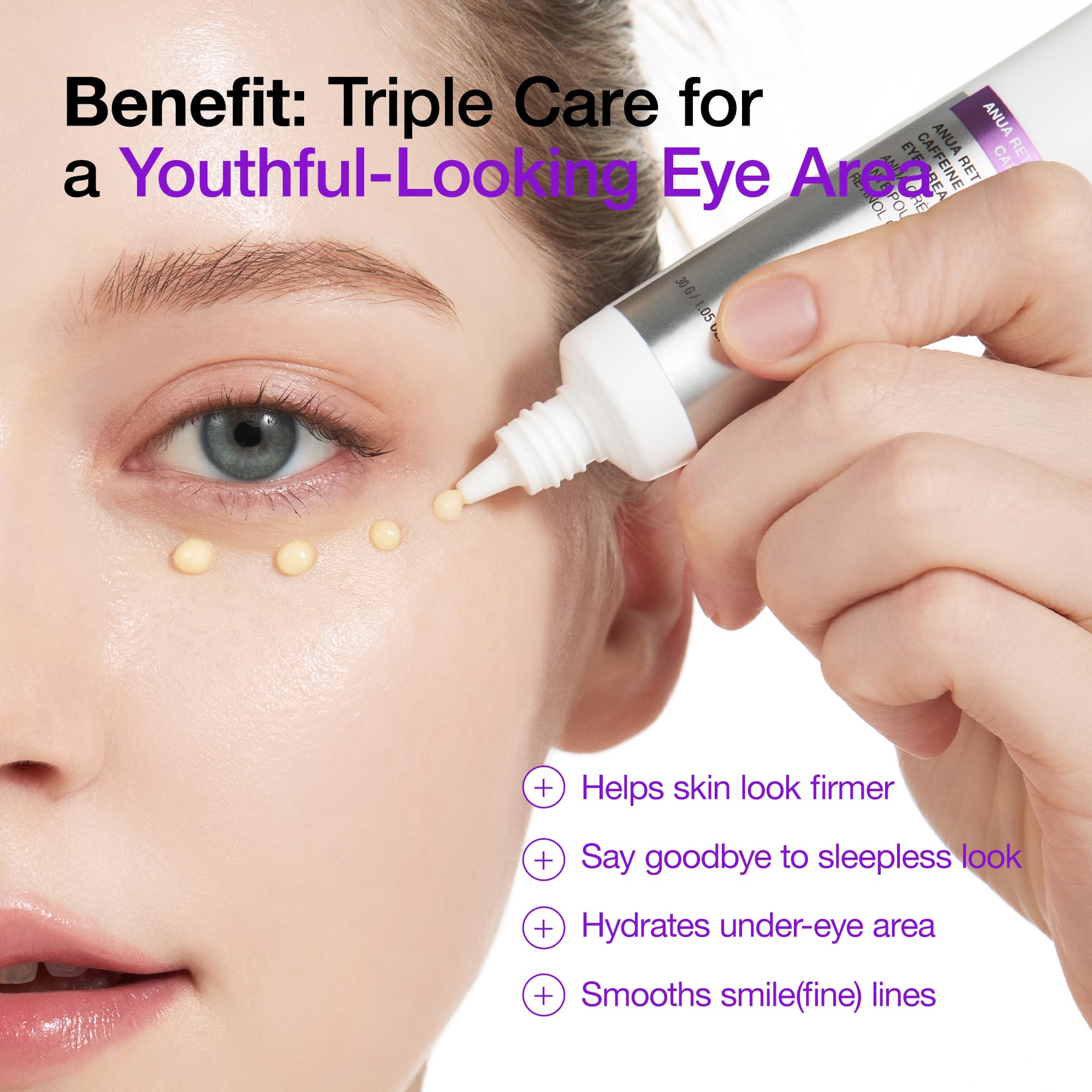 Authentic ANUA eye cream tube showing the official label details and product size specifications.