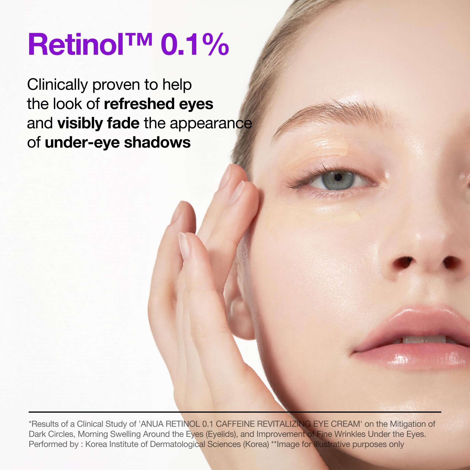 ANUA revitalizing eye contour cream being applied gently for fine lines and puffiness reduction.