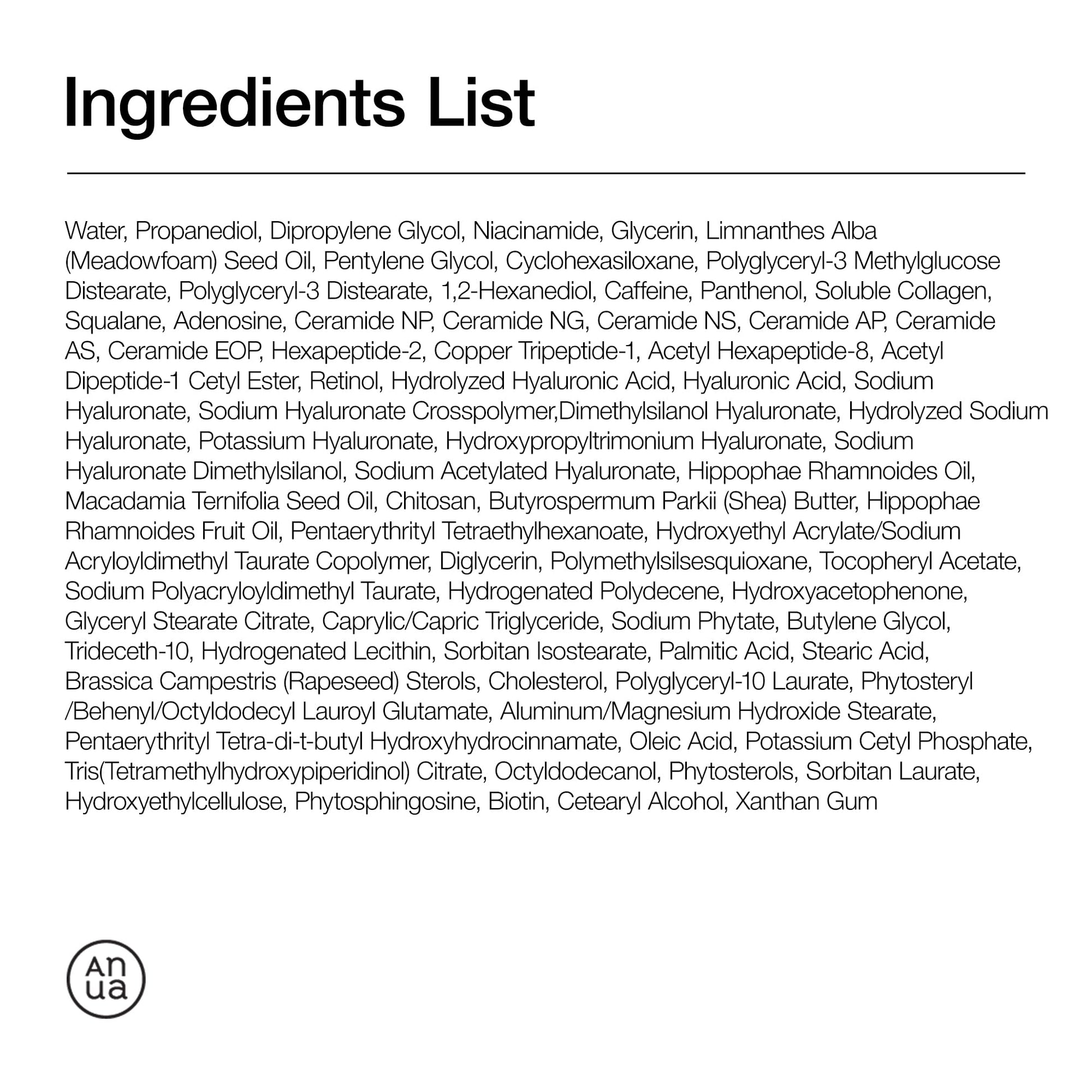 ANUA retinol and niacinamide infused eye cream packaging showcasing the complete ingredient list.