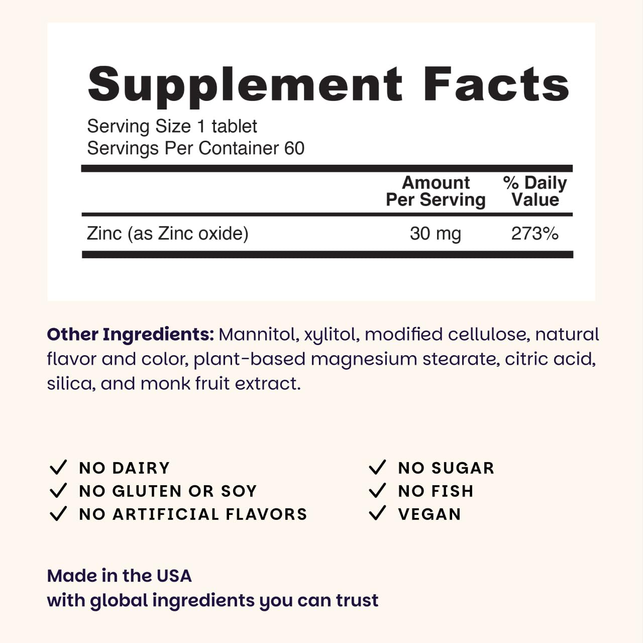 EZ Melts sublingual zinc tablets nutritional facts and clean vegan ingredients label
