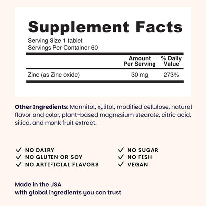 EZ Melts sublingual zinc tablets nutritional facts and clean vegan ingredients label