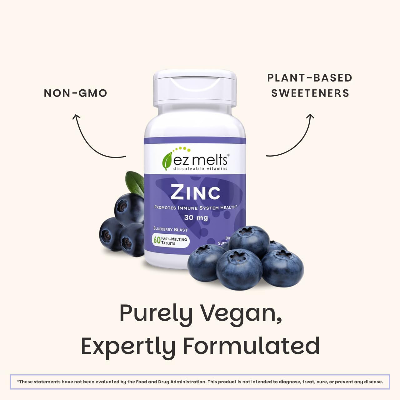 Side view of EZ Melts zinc 60 tablets bottle showing usage instructions