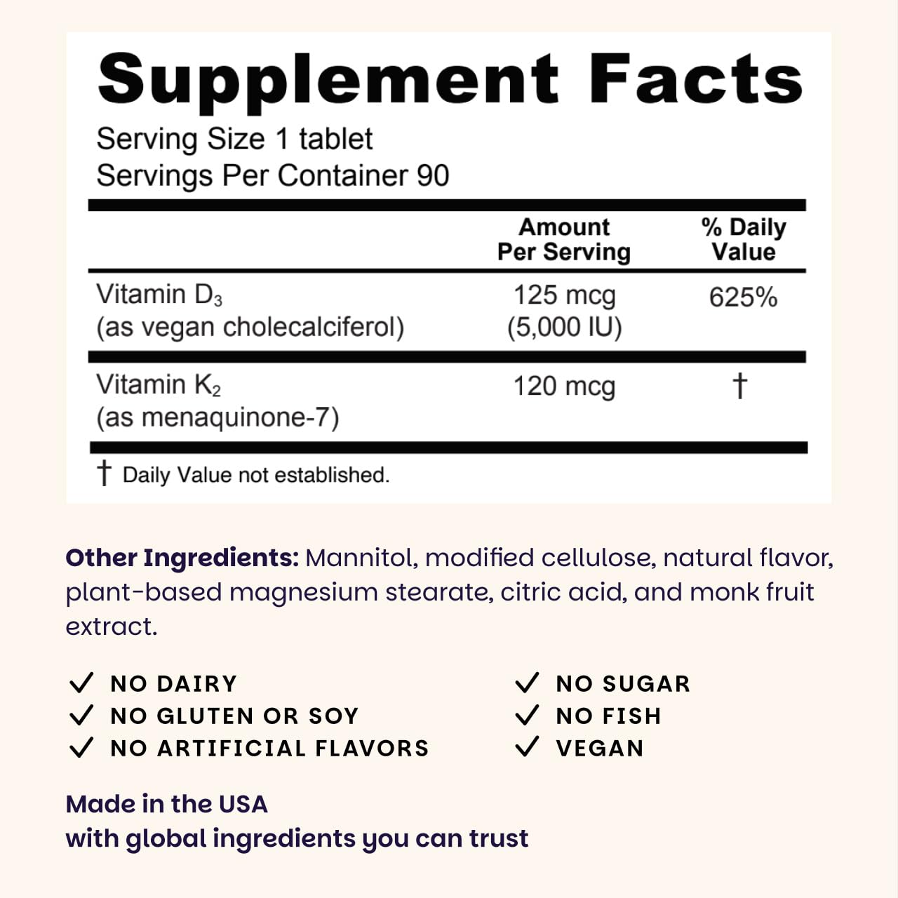 EZ Melts D3 K2 green apple flavor 90 tablets dietary information