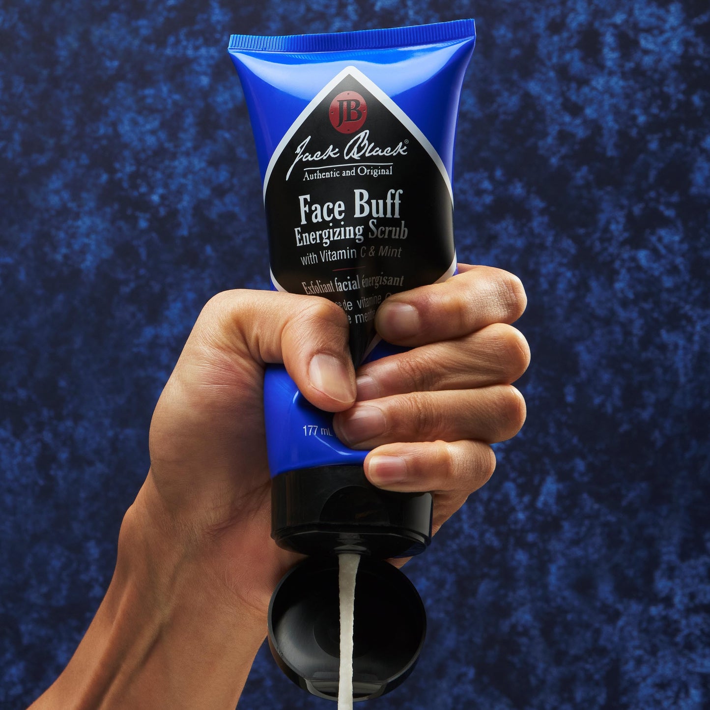 Jack Black pre shave facial exfoliator packaging detailing deep cleaning and skin prep benefits.