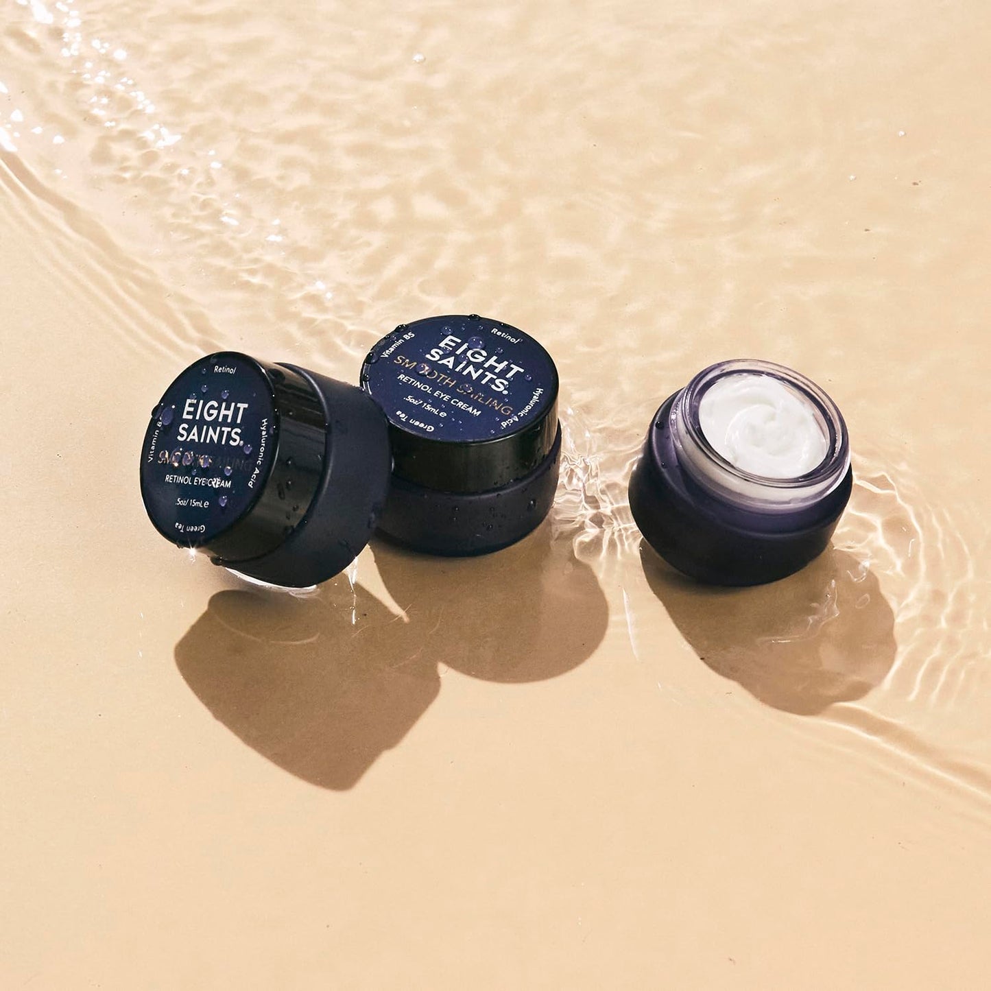 Skincare routine setup featuring Eight Saints hyaluronic acid and retinol treatment