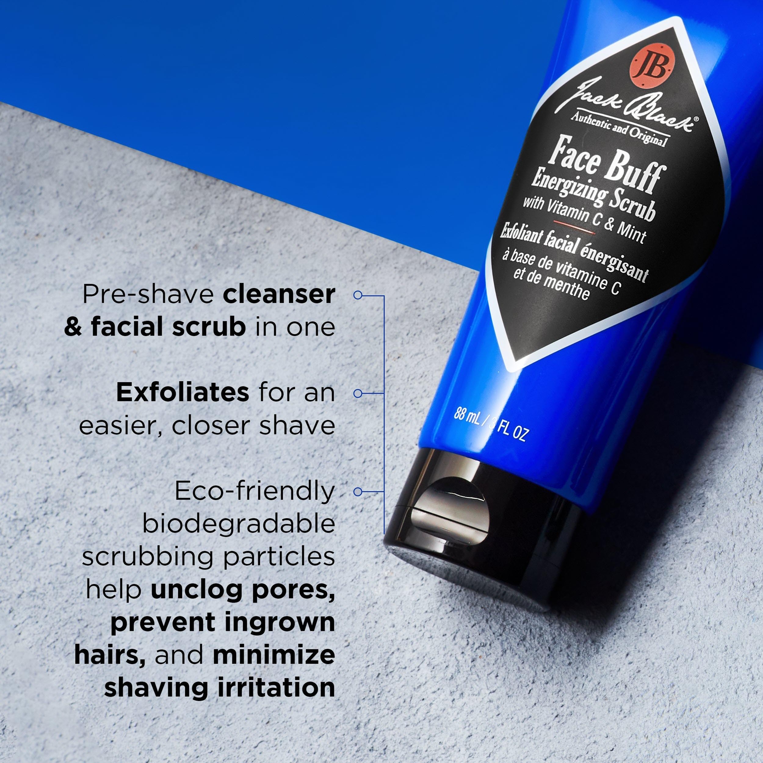 Jack Black Face Buff 6 Fluid Ounce tube highlighted on a clean surface for premium skincare collection.