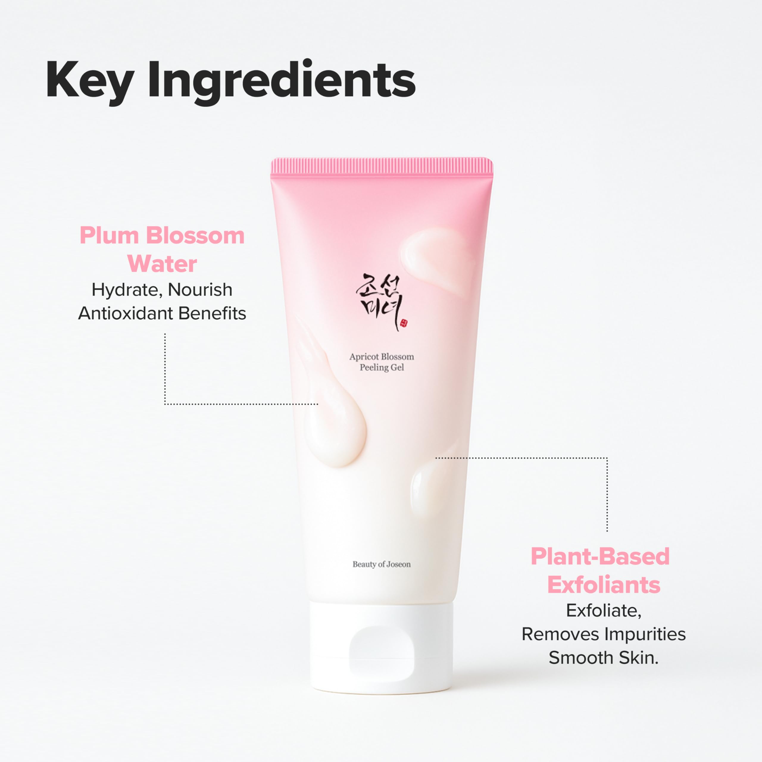 Gentle plum flower water exfoliator tube displaying product size details.