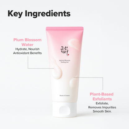 Gentle plum flower water exfoliator tube displaying product size details.
