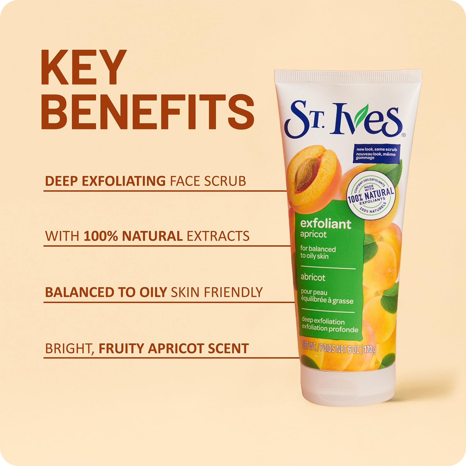 Back label of St. Ives oil free apricot scrub with product instructions