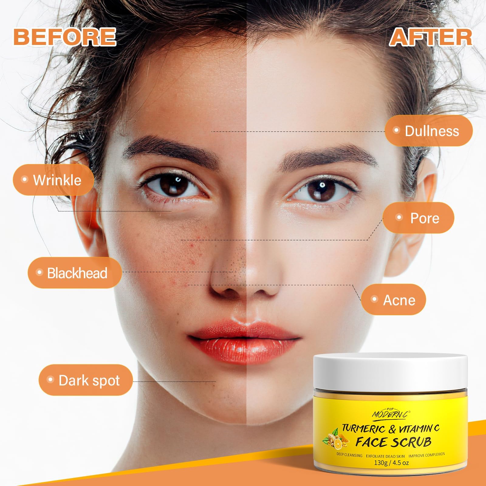 POP MODERN.C skin brightening exfoliator side view highlighting natural strawberry extract and coconut oil benefits.