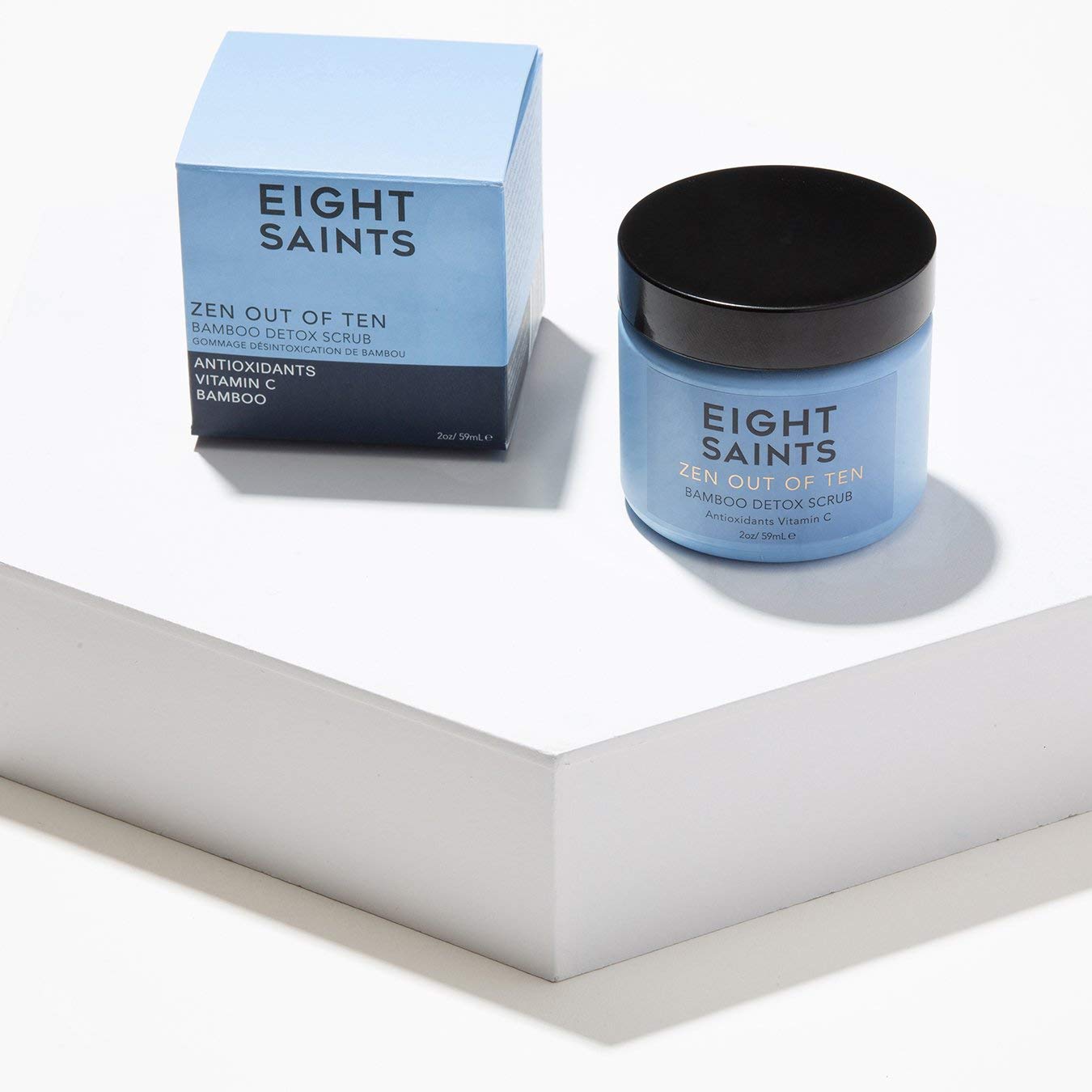 Eight Saints natural organic exfoliating facial scrub jar on display