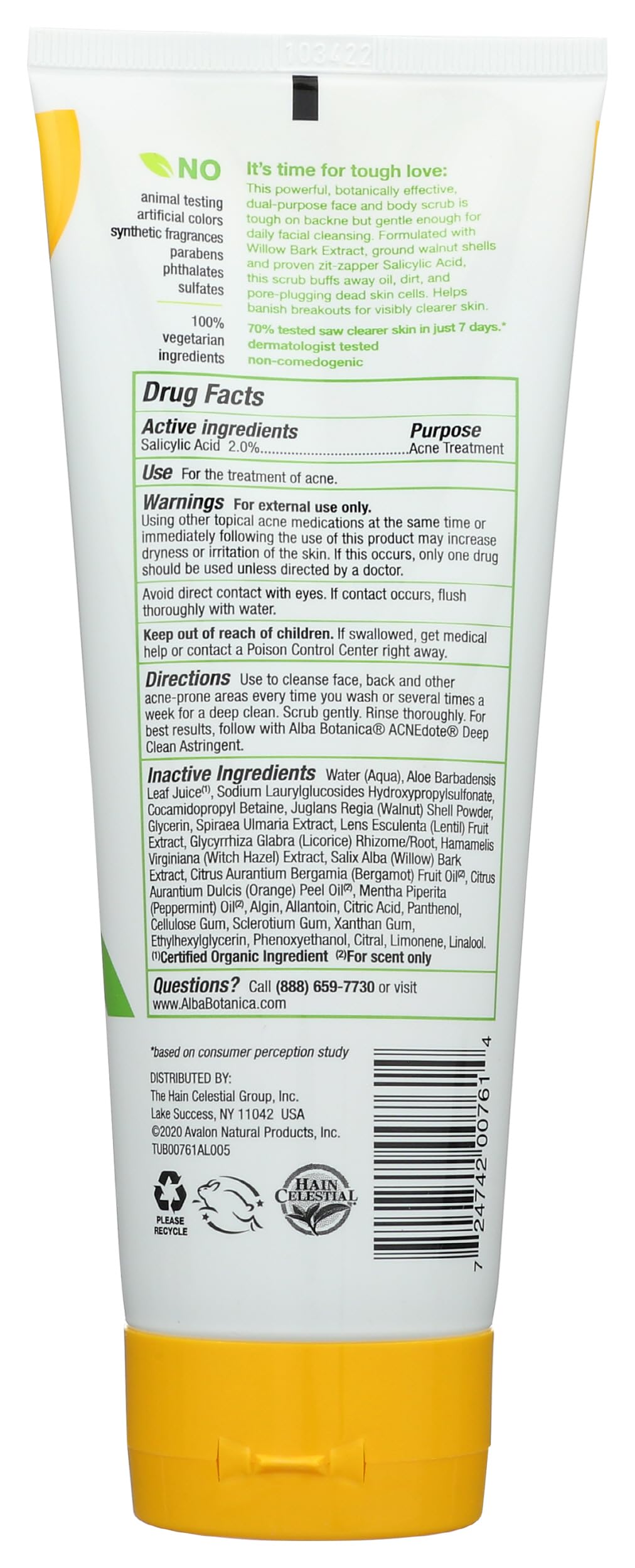Alba Botanica salicylic acid acne scrub tube back showing ingredients list.