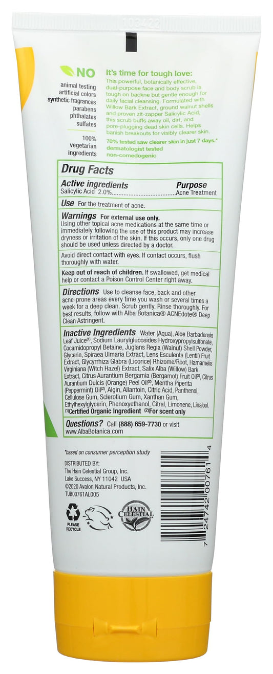 Alba Botanica salicylic acid acne scrub tube back showing ingredients list.
