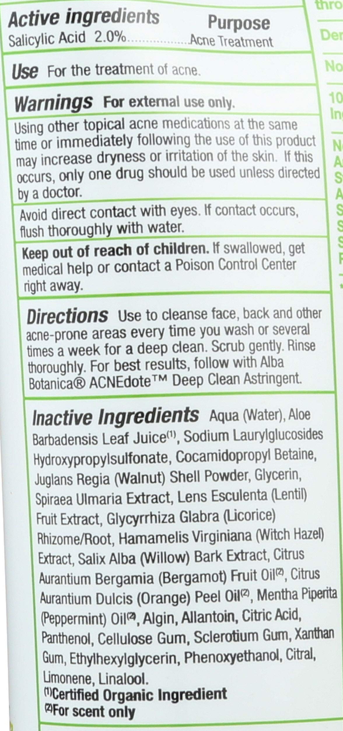 Alba Botanica 8 fluid ounce acne scrub bottle standing upright.