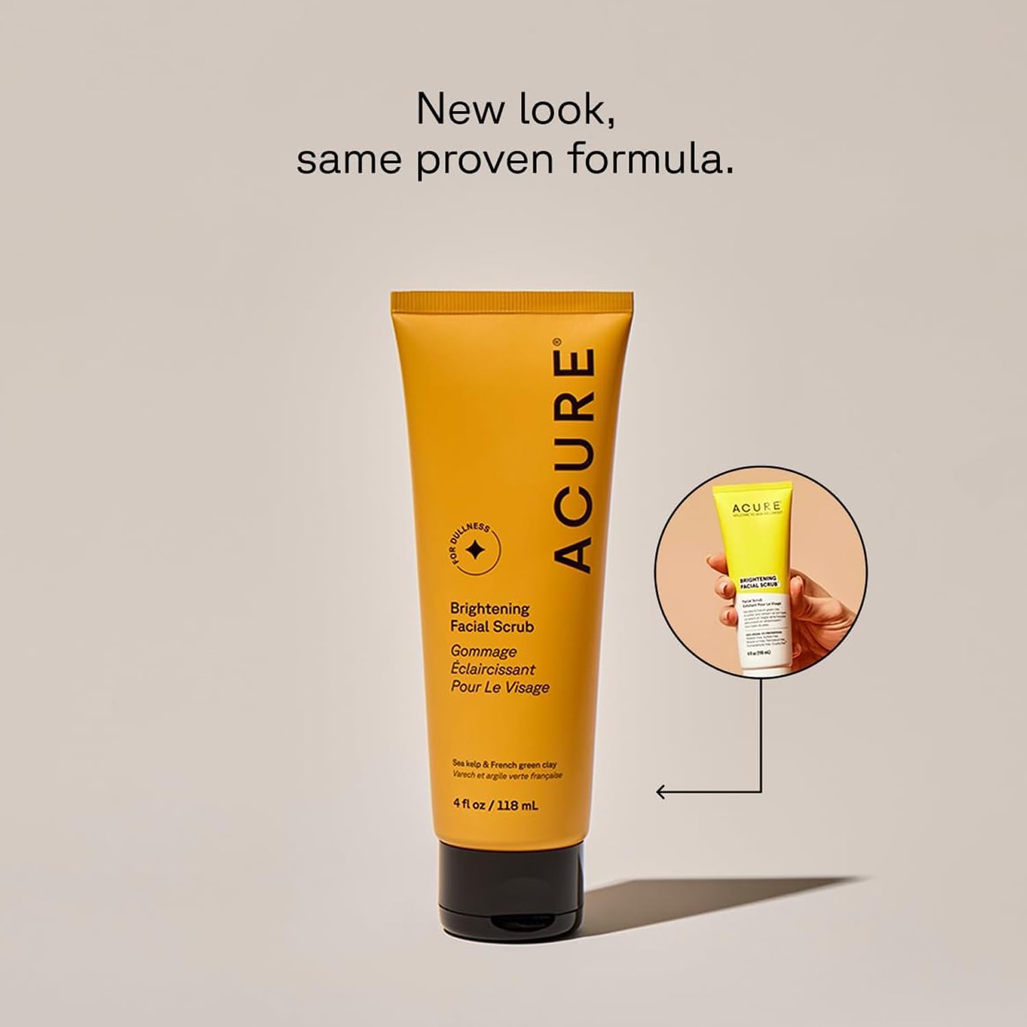 Acure exfoliating face wash tube showing sea kelp ingredients