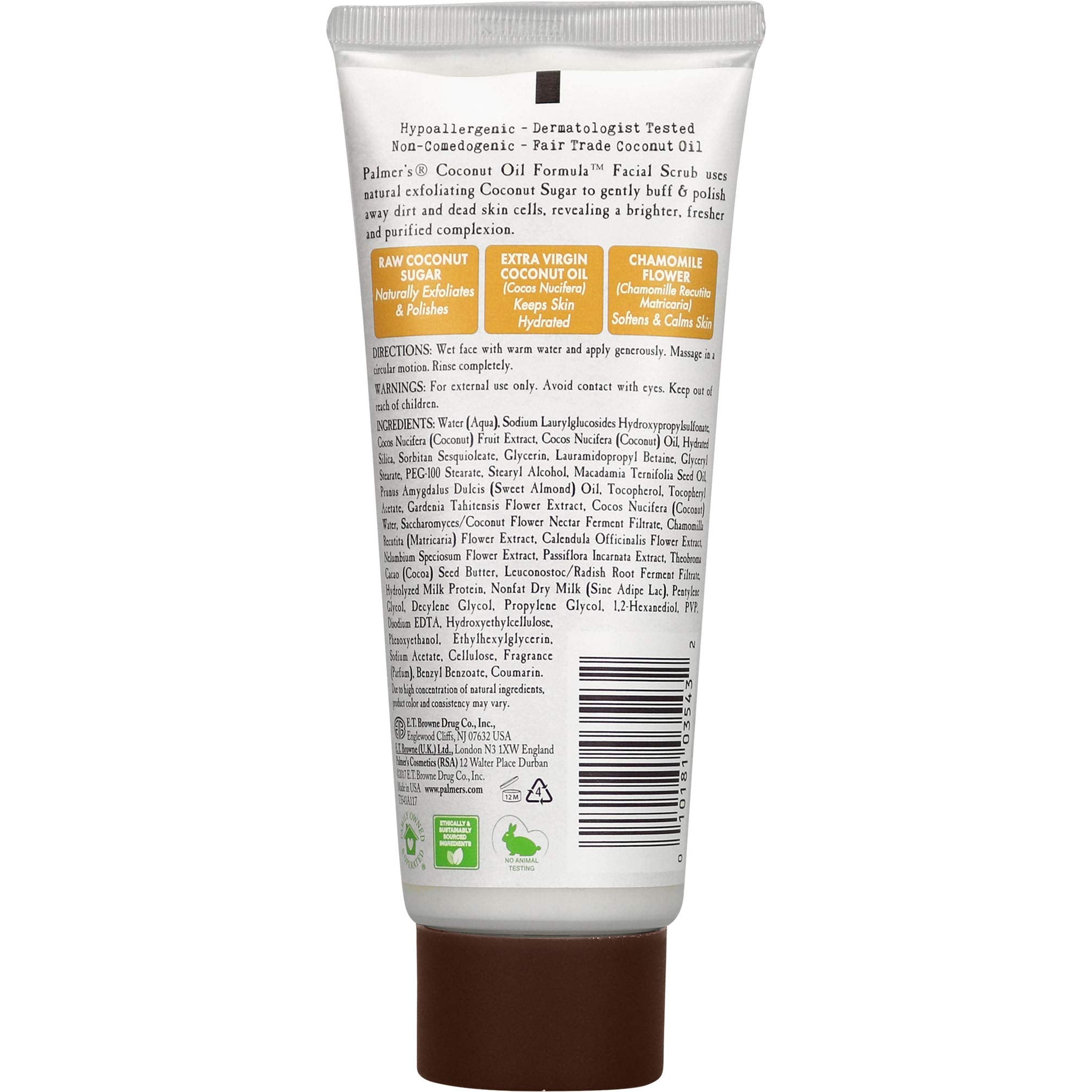 Back label of Palmer's coconut oil facial scrub with usage directions and complete ingredients list