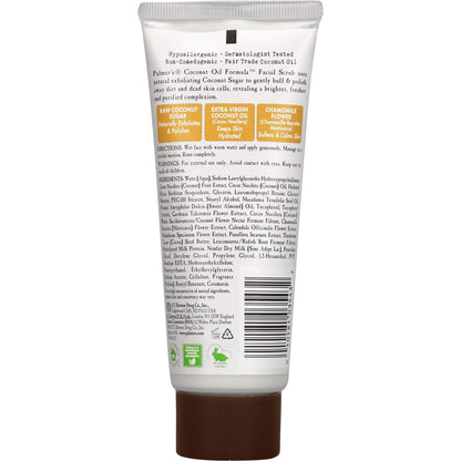 Back label of Palmer's coconut oil facial scrub with usage directions and complete ingredients list