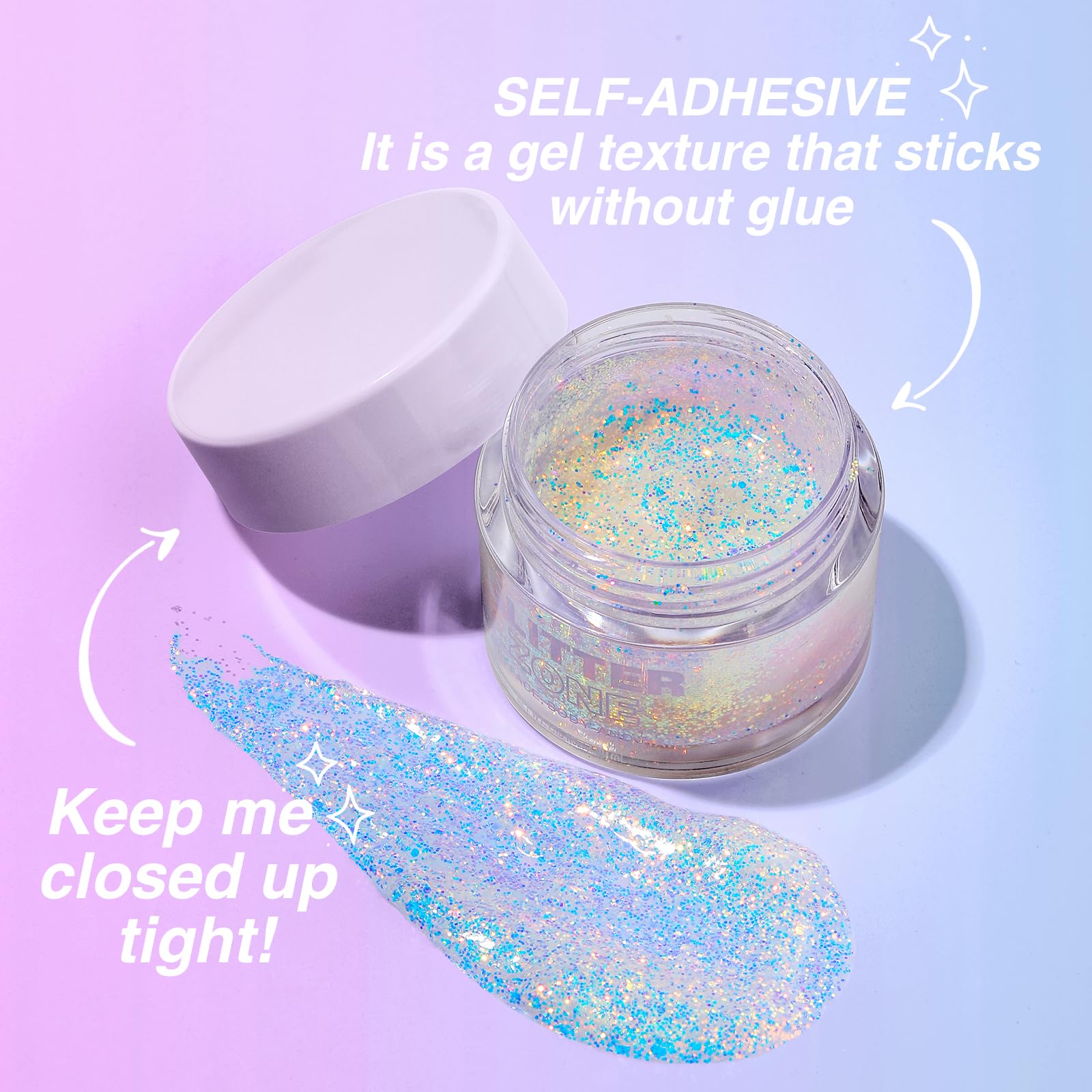 Easy to apply self adhesive body glitter gel swatched on skin