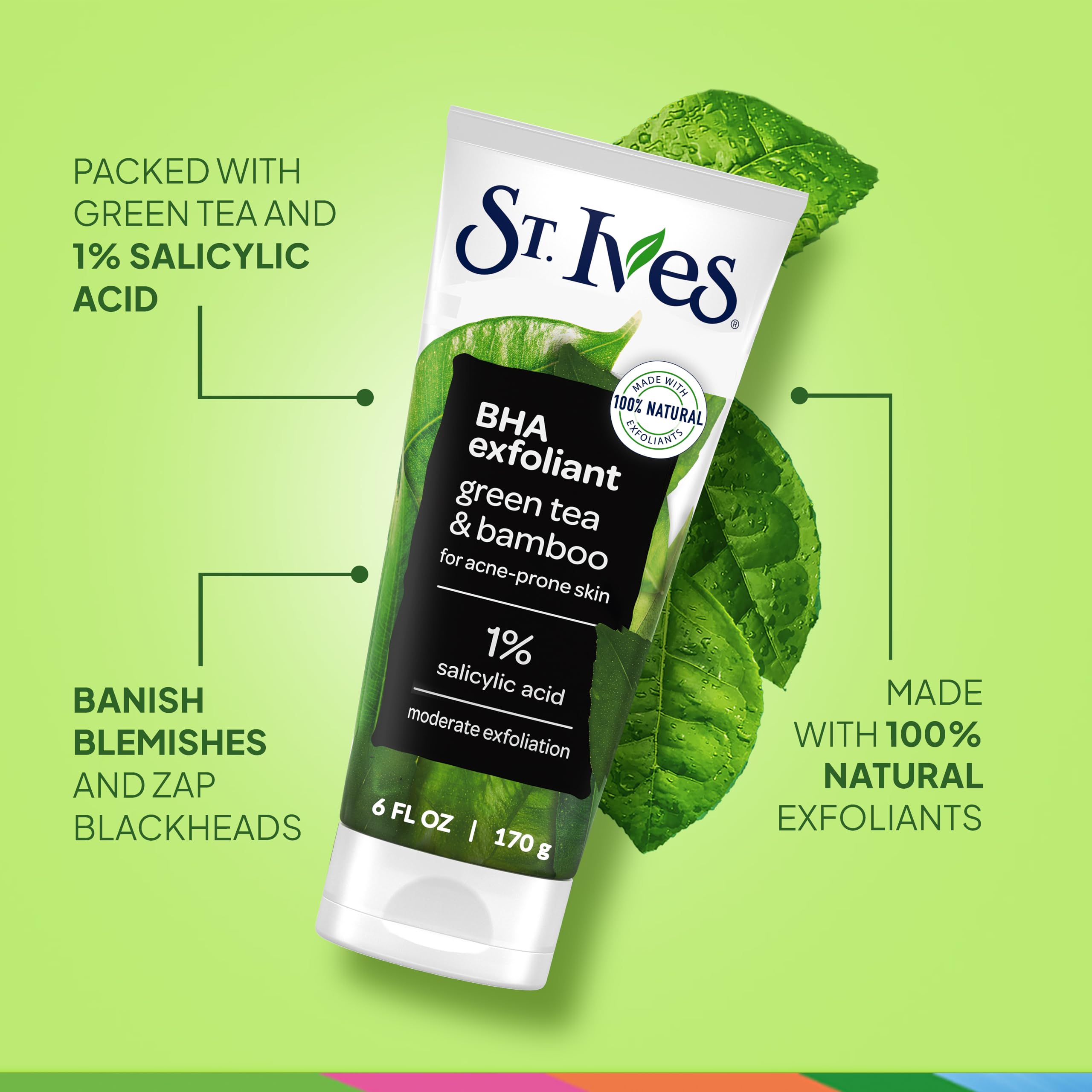 St. Ives BHA exfoliant with green tea for acne-prone skin care routine.