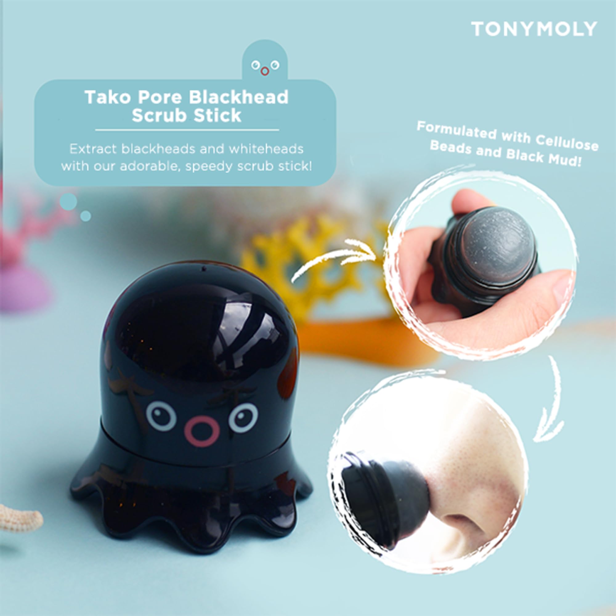 Close up view of the 0.8 Ounce Tonymoly blackhead stick packaging with ingredients list visible