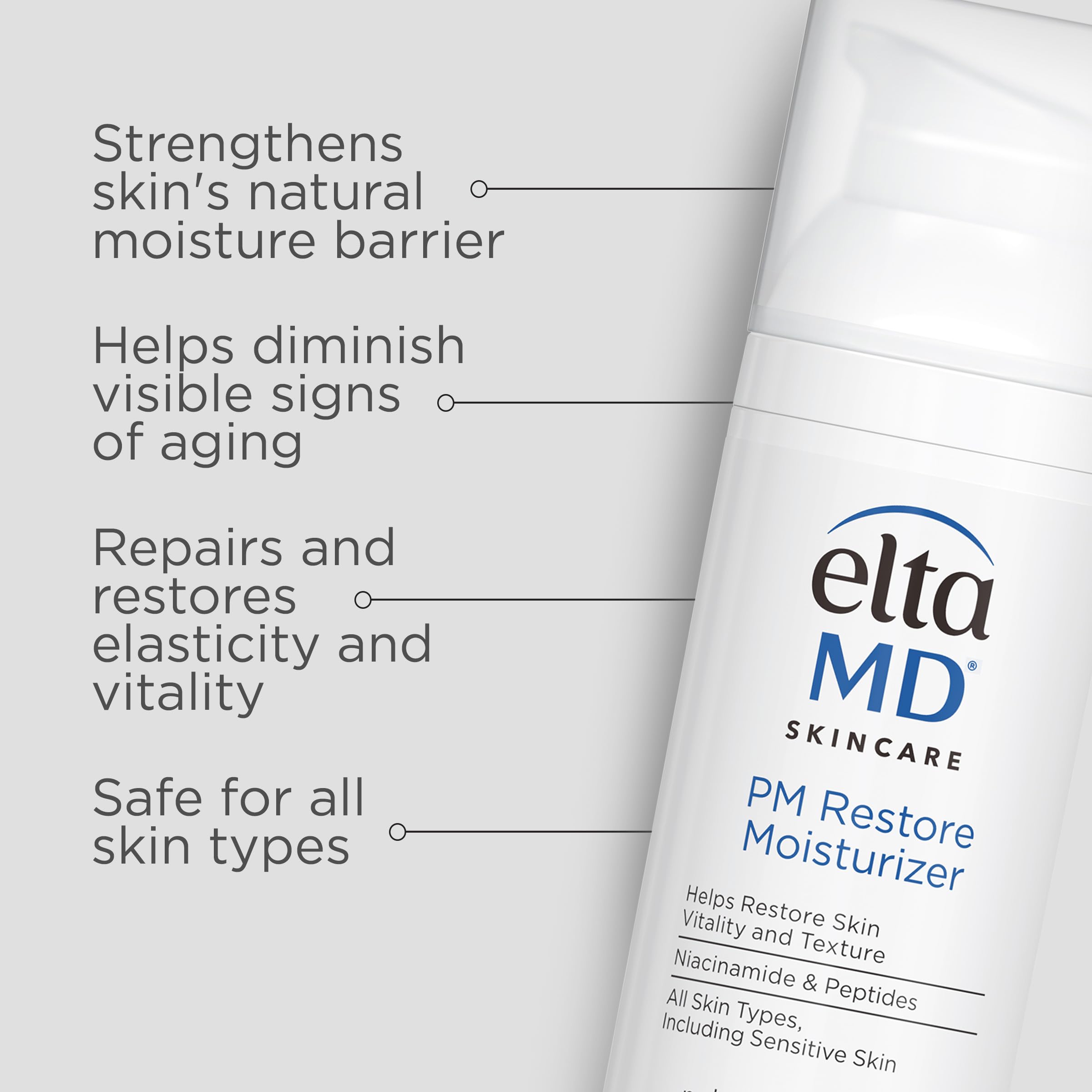 EltaMD PM Restore Night Moisturizer 1.7 Ounce container showcasing product labeling and pump dispenser.