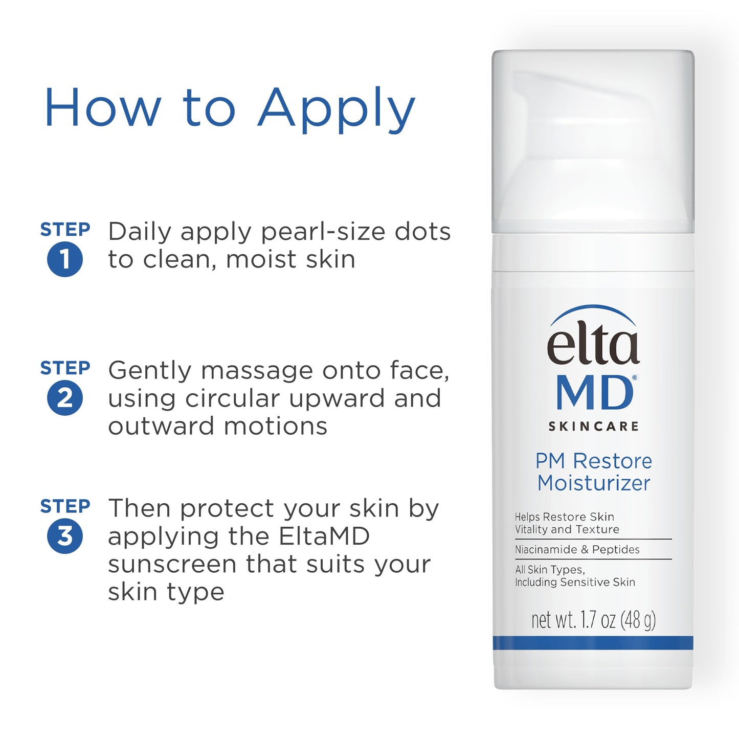 EltaMD PM Restore Face Moisturizer next to its outer retail box displaying authentic USA branding.