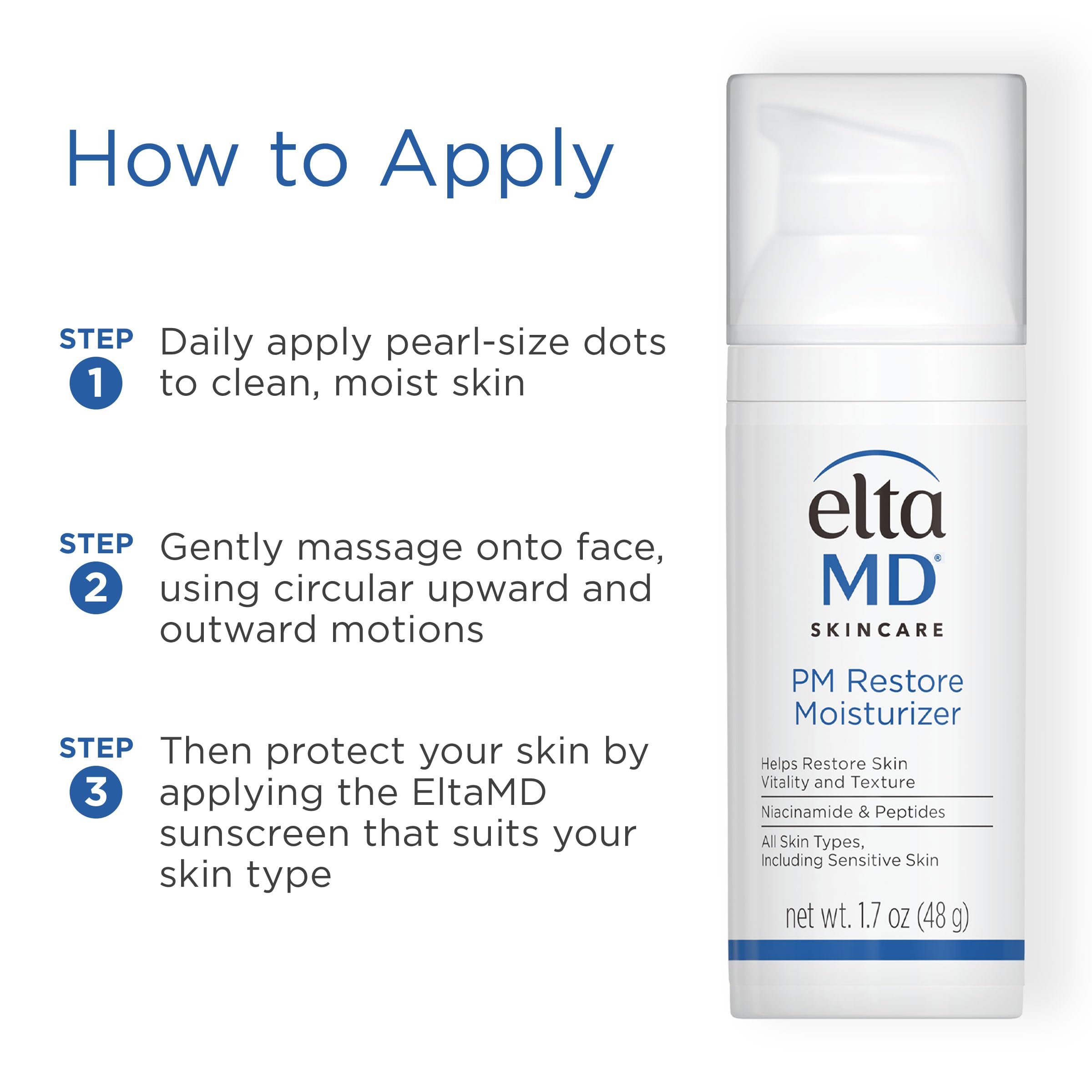 EltaMD PM Restore Face Moisturizer next to its outer retail box displaying authentic USA branding.