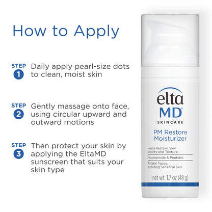 EltaMD PM Restore Face Moisturizer next to its outer retail box displaying authentic USA branding.